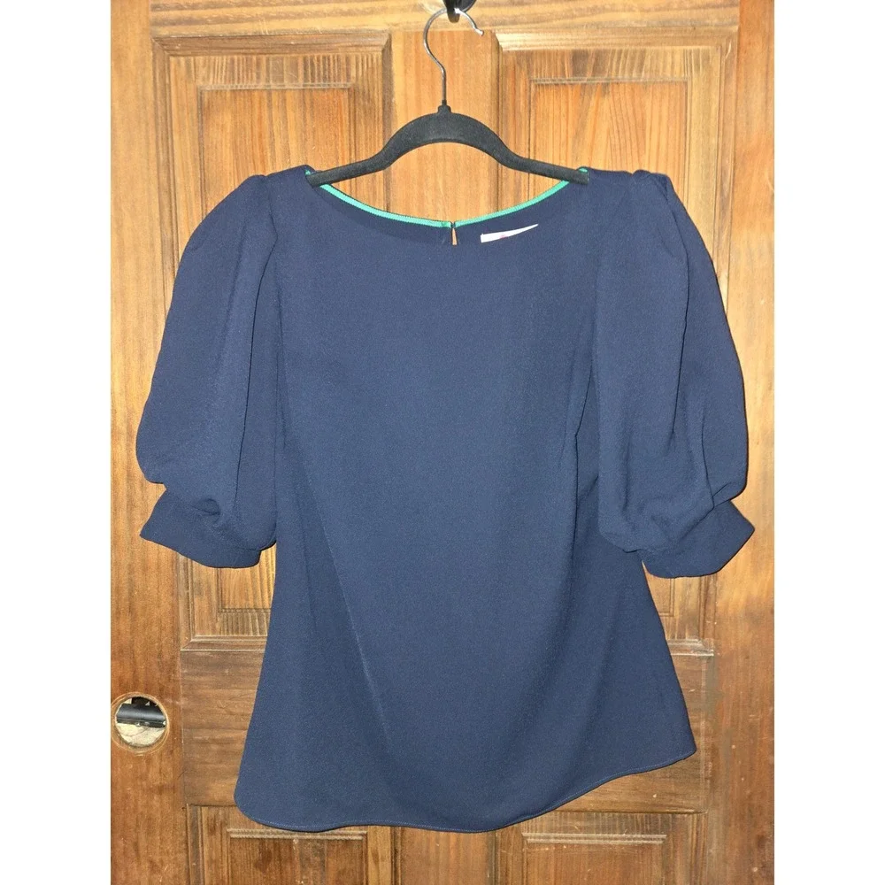 Boden Navy Blue Puff Sleeve Crepe Blouse Round Neck Keyhole Back US 2 UK 6